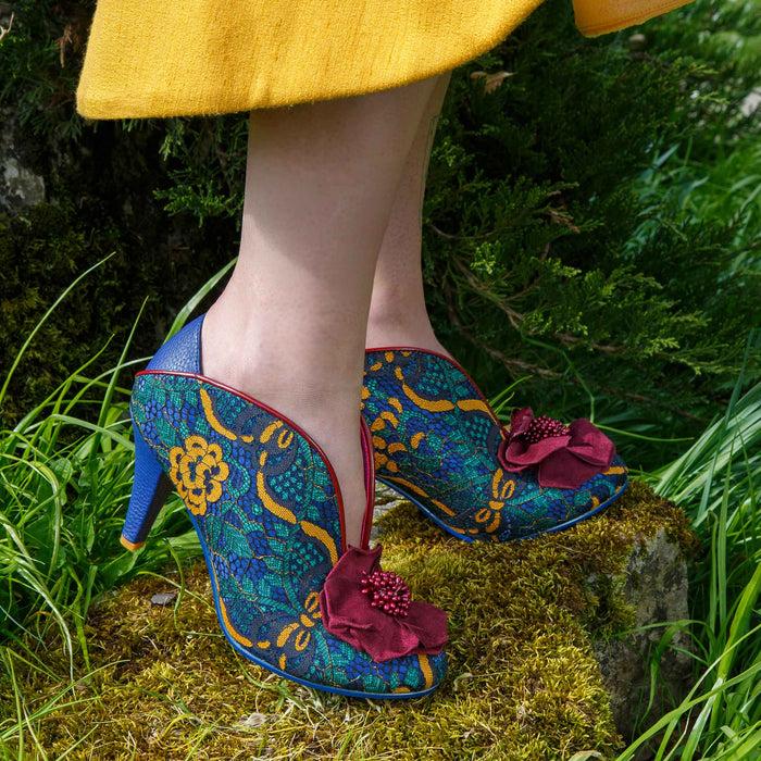 Irregular Choice Irregular Choice Blue Multi Lace Slip On High Heel Shoes With Floral Decoration | Moonlit Serenade