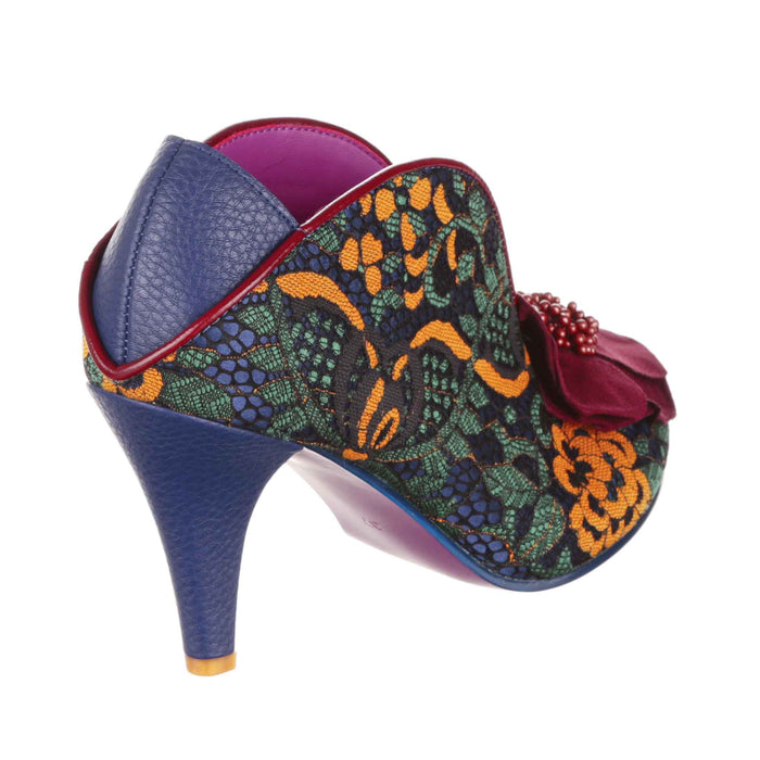 Irregular Choice Irregular Choice Blue Multi Lace Slip On High Heel Shoes With Floral Decoration | Moonlit Serenade