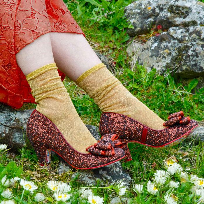 Irregular Choice Irregular Choice Copper Red Brown Glitter Slip On Mid Heels | Lady Ban Joe