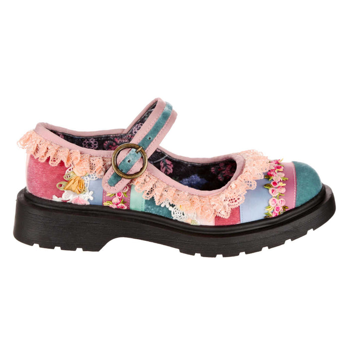 Irregular Choice Irregular Choice Cottagecore Trad Lace Pastel Patchwork Ankle Strap Flat Shoes | Lacey Stroll