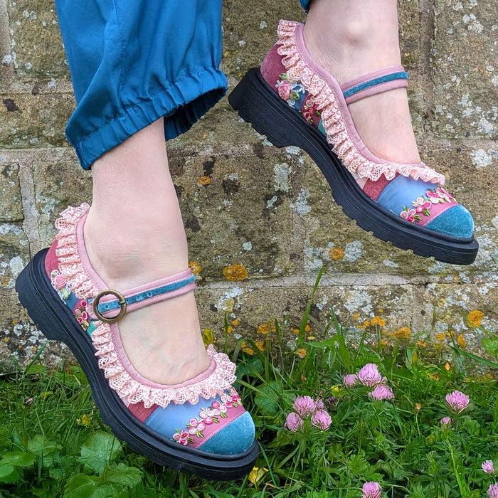 Irregular Choice Irregular Choice Cottagecore Trad Lace Pastel Patchwork Ankle Strap Flat Shoes | Lacey Stroll