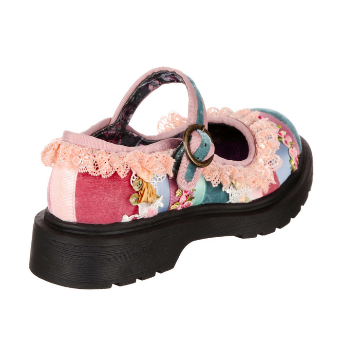 Irregular Choice Irregular Choice Cottagecore Trad Lace Pastel Patchwork Ankle Strap Flat Shoes | Lacey Stroll