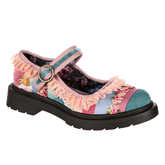 irregular choice Irregular Choice Cottagecore Trad Lace Pastel Patchwork Ankle Strap Flat Shoes | Lacey Stroll