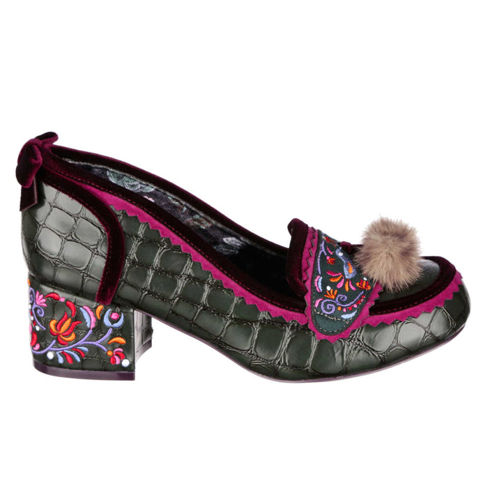 Irregular Choice Irregular Choice Dark Green Croc Folk Embroidered Loafer Style Block Heel Shoes | Cosy Cottontail
