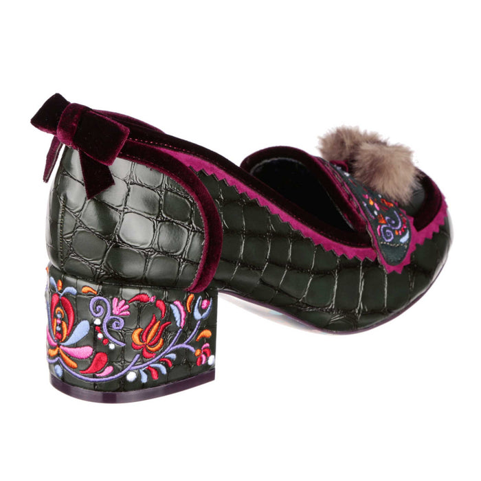 Irregular Choice Irregular Choice Dark Green Croc Folk Embroidered Loafer Style Block Heel Shoes | Cosy Cottontail