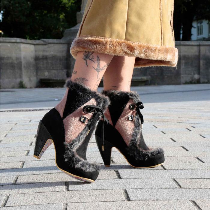 Irregular Choice Irregular Choice Faux Fur Black High Heel Lace Up Ankle Boots | Apple Turnover