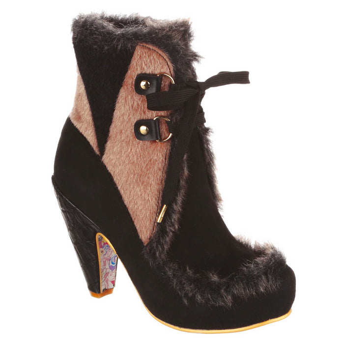 irregular choice Irregular Choice Faux Fur Black High Heel Lace Up Ankle Boots | Apple Turnover