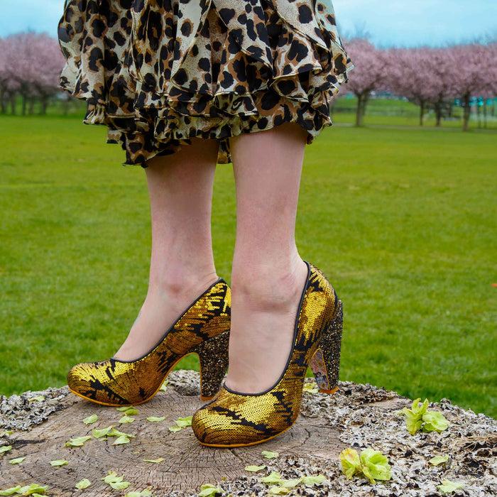 Irregular Choice Irregular Choice Gold Sequin 70s Round Toe Platform High Heel Shoes | In For The Thrill