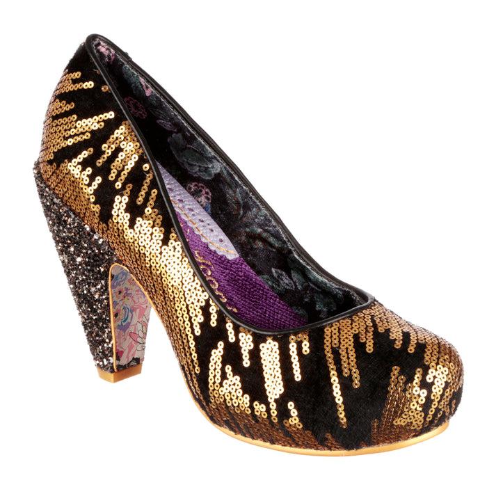 irregular choice Irregular Choice Gold Sequin 70s Round Toe Platform High Heel Shoes | In For The Thrill