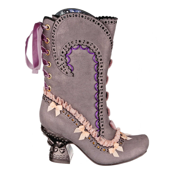 Irregular Choice Irregular Choice Grey And Pink Steampunk Victorian Vintage Style Calf High Mid Heel Boots With Pointed Toe | Muskette