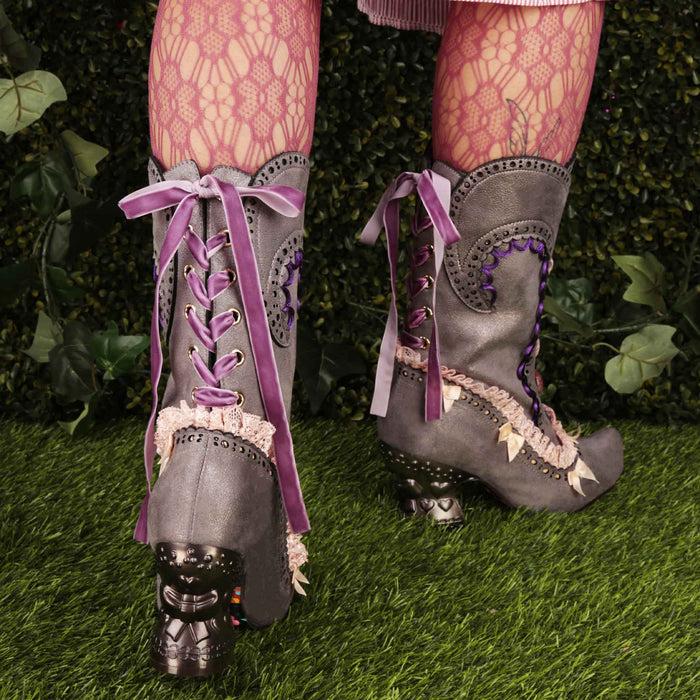 Irregular Choice Irregular Choice Grey And Pink Steampunk Victorian Vintage Style Calf High Mid Heel Boots With Pointed Toe | Muskette