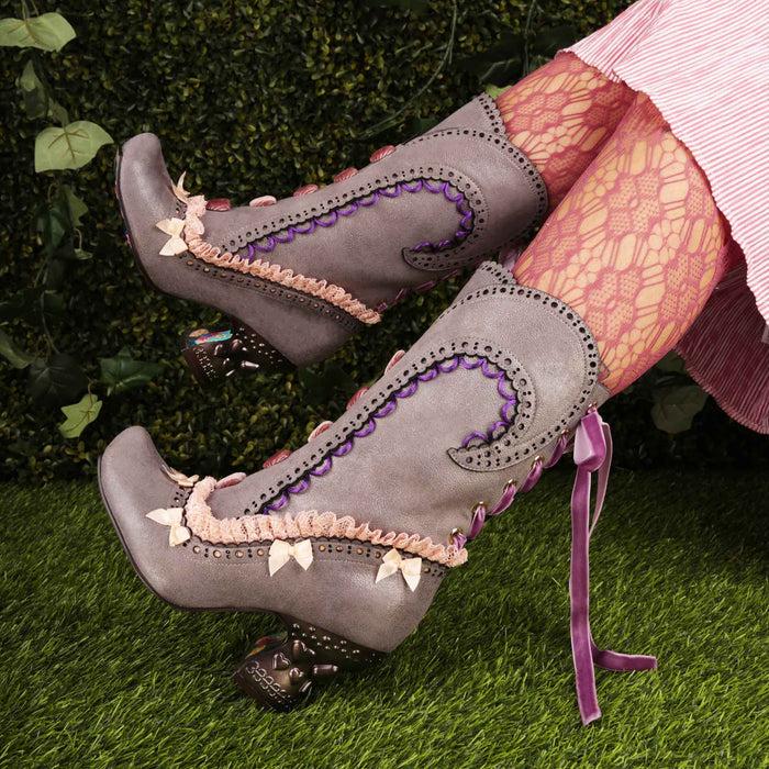 Irregular Choice Irregular Choice Grey And Pink Steampunk Victorian Vintage Style Calf High Mid Heel Boots With Pointed Toe | Muskette