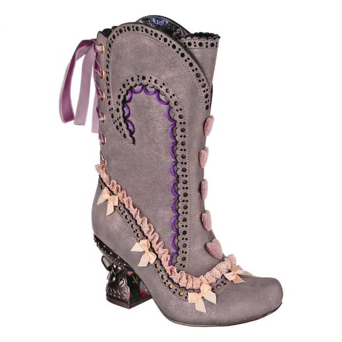 irregular choice Irregular Choice Grey and Pink Steampunk Victorian Vintage Style Calf High Mid Heel Boots with Pointed Toe | Muskette