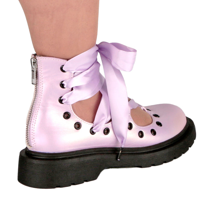 Irregular Choice Irregular Choice Lace Up Lilac Lolita Chunky Punk Ankle Tie Ballerina Flat Shoes | Tres Bien