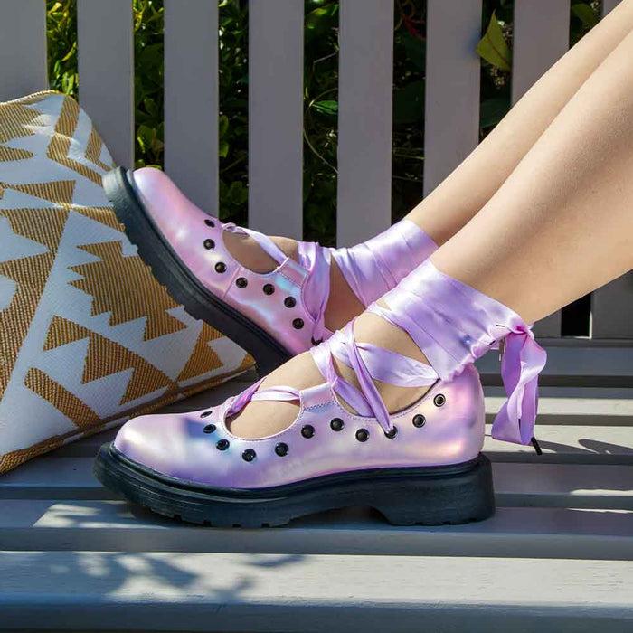 Irregular Choice Irregular Choice Lace Up Lilac Lolita Chunky Punk Ankle Tie Ballerina Flat Shoes | Tres Bien