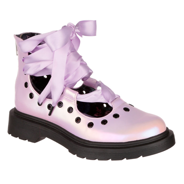 Irregular Choice Irregular Choice Lace Up Lilac Lolita Chunky Punk Ankle Tie Ballerina Flat Shoes | Tres Bien