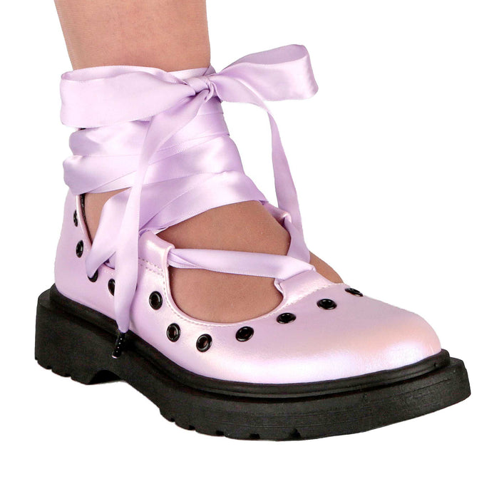 irregular choice Irregular Choice Lace Up Lilac Lolita Chunky Punk Ankle Tie Ballerina Flat Shoes | Tres Bien