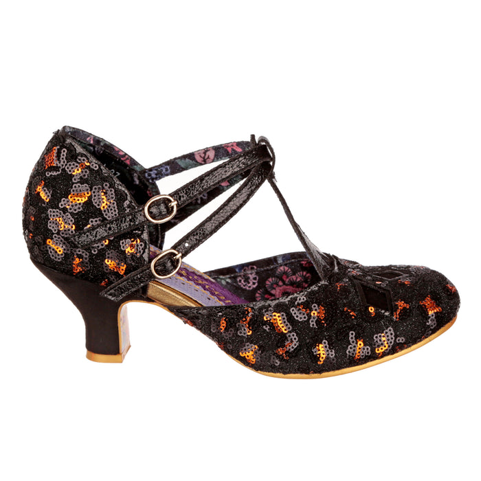 Irregular Choice Irregular Choice Leopard Glitter Mid Heel Vintage Style Double Strap Buckle Fastening | Golden Age
