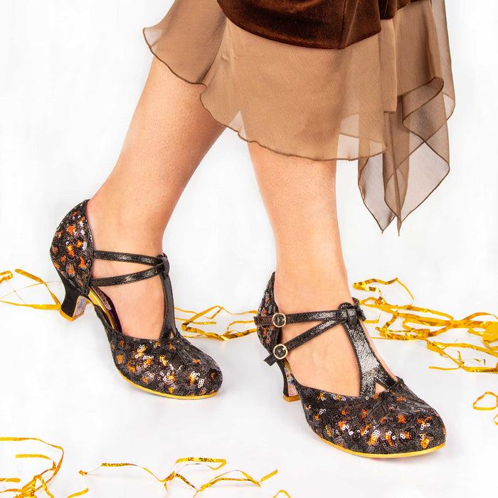 Irregular Choice Irregular Choice Leopard Glitter Mid Heel Vintage Style Double Strap Buckle Fastening | Golden Age