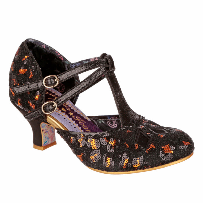 irregular choice Irregular Choice Leopard Glitter Mid Heel Vintage Style Double Strap Buckle Fastening | Golden Age