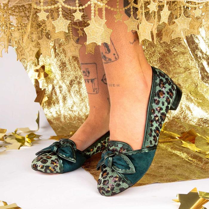Irregular Choice Irregular Choice Leopard Green Sequin Sparkle Slip On Ballet Flat Pumps Party Shoes | Tendu