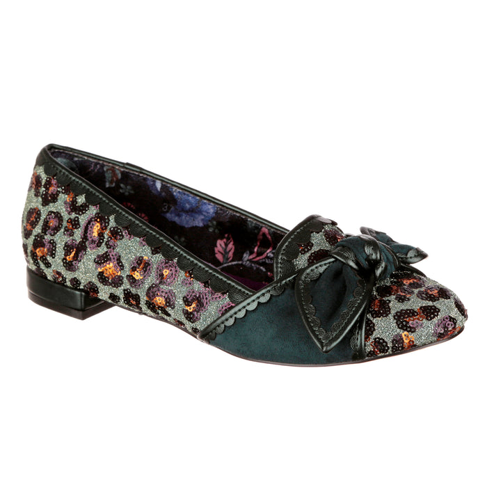 Irregular Choice Irregular Choice Leopard Green Sequin Sparkle Slip On Ballet Flat Pumps Party Shoes | Tendu
