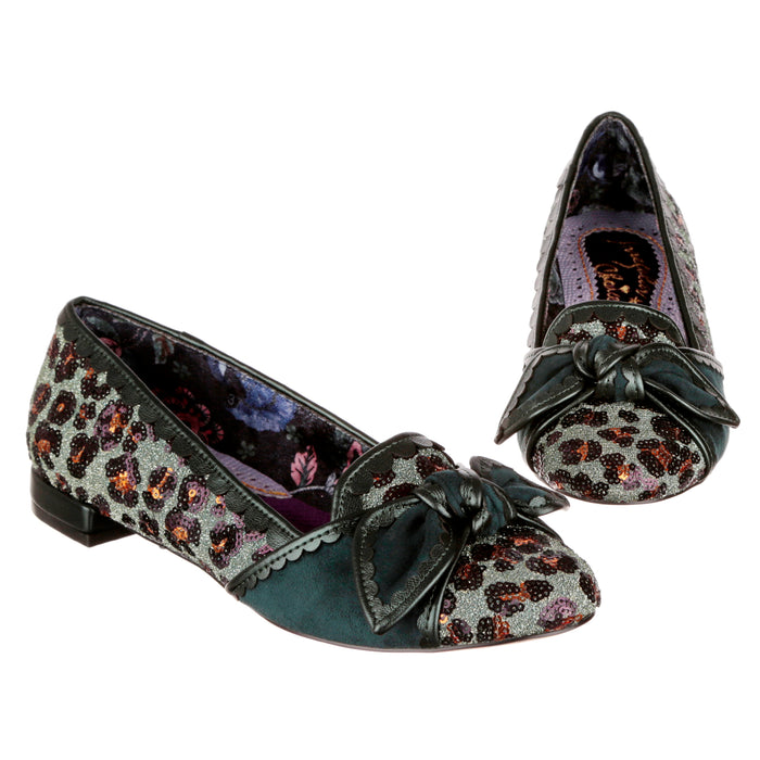 irregular choice Irregular Choice Leopard Green Sequin Sparkle Slip On Ballet Flat Pumps Party Shoes | Tendu