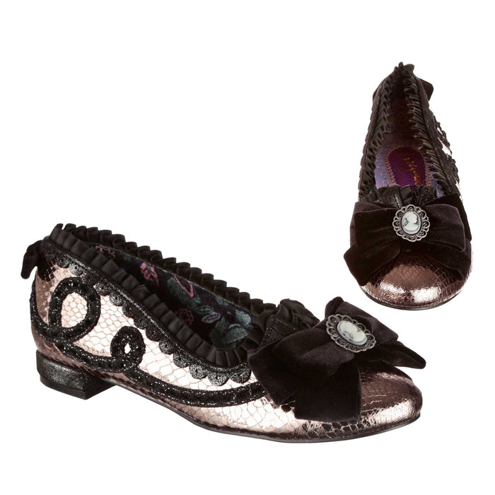 irregular choice Irregular Choice Metallic Black Plush Bow With Victorian Style Cameo Decoration | Cameo Court