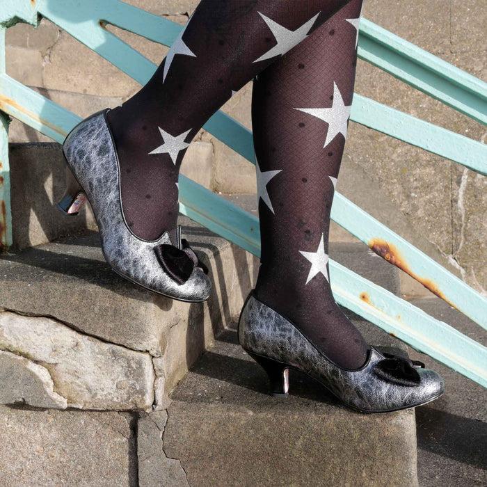 Irregular Choice Irregular Choice Metallic Silver Black Mid Heel Slip On Shoes | Dazzle Razzle