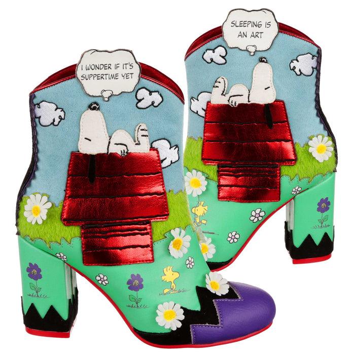 irregular choice Irregular Choice Peanuts Snoopy Cartoon Comic Doghouse Daydreaming Zip Up Heeled Boots | Dream The Day Away