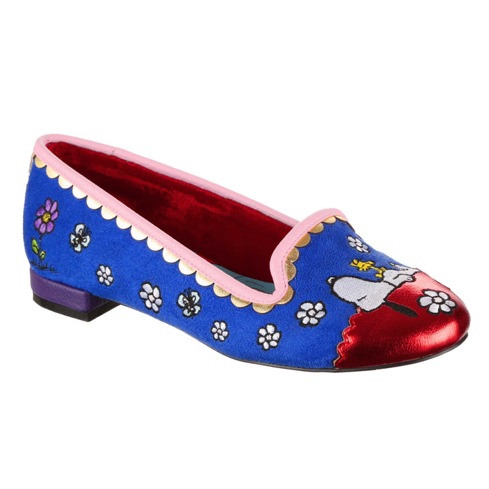 Irregular Choice Irregular Choice Peanuts Snoopy Woodstock Embroidered Blue Slip On Ballet Flat Shoes | My Friend Snoopy