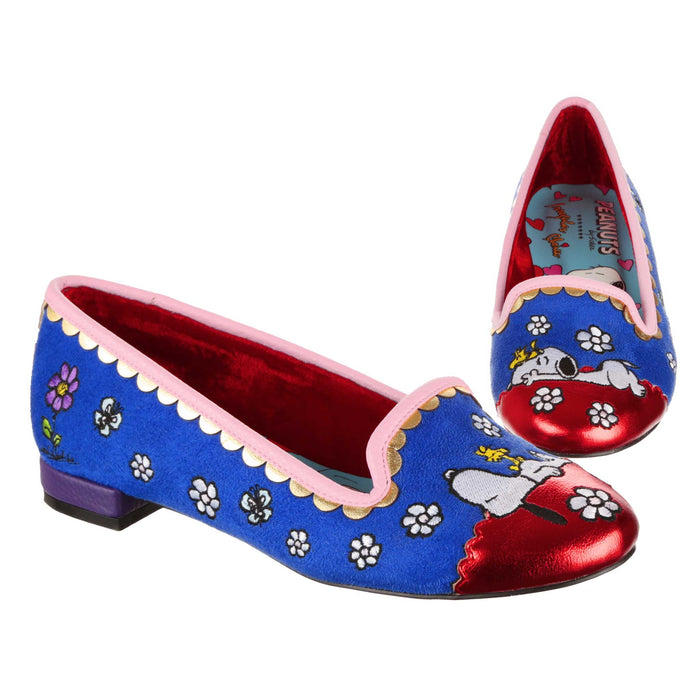 irregular choice Irregular Choice Peanuts Snoopy Woodstock Embroidered Blue Slip On Ballet Flat Shoes | My Friend Snoopy