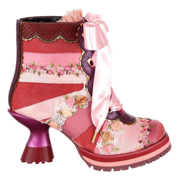 Irregular Choice Irregular Choice Pink Patchwork Ribbon Lace Up Ankle Boots With Mid Heels | Pretty Patchwork