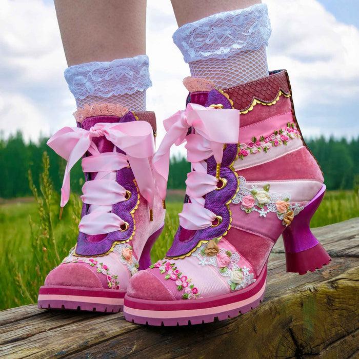 Irregular Choice Irregular Choice Pink Patchwork Ribbon Lace Up Ankle Boots With Mid Heels | Pretty Patchwork