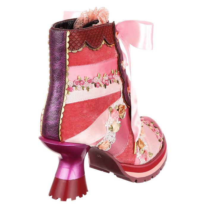 Irregular Choice Irregular Choice Pink Patchwork Ribbon Lace Up Ankle Boots With Mid Heels | Pretty Patchwork