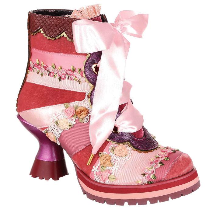 irregular choice Irregular Choice Pink Patchwork Ribbon Lace Up Ankle Boots With Mid Heels | Pretty Patchwork
