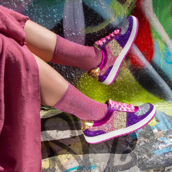 Irregular Choice Irregular Choice Pink Purple Glitter Covered Lace Up Trainer Sneakers | Starbright Streamer