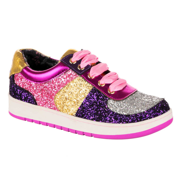 irregular choice Irregular Choice Pink Purple Glitter Covered Lace Up Trainer Sneakers | Starbright Streamer