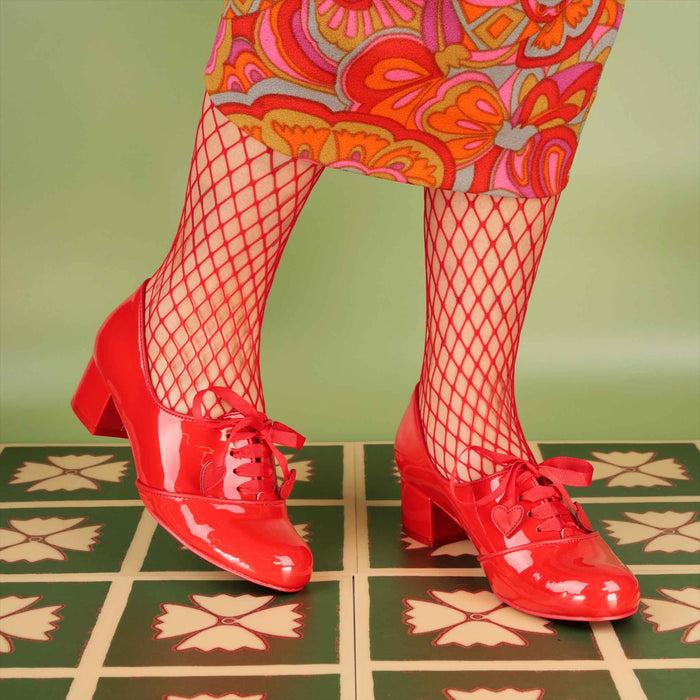 Irregular Choice Irregular Choice Red Patent Shiny Low Block Heel Lace Up Cherry Smart Shoes | Dear Dolly