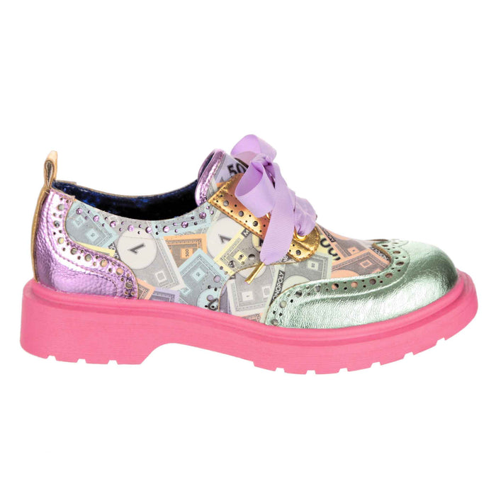 Irregular Choice Irregular Choice X Monopoly | Money Print Pink Pastel Lace Up Smart Brogue Flats | Stroll Around The Board
