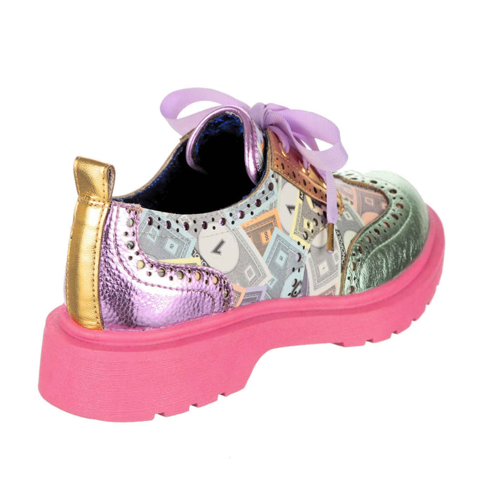 Irregular Choice Irregular Choice X Monopoly | Money Print Pink Pastel Lace Up Smart Brogue Flats | Stroll Around The Board