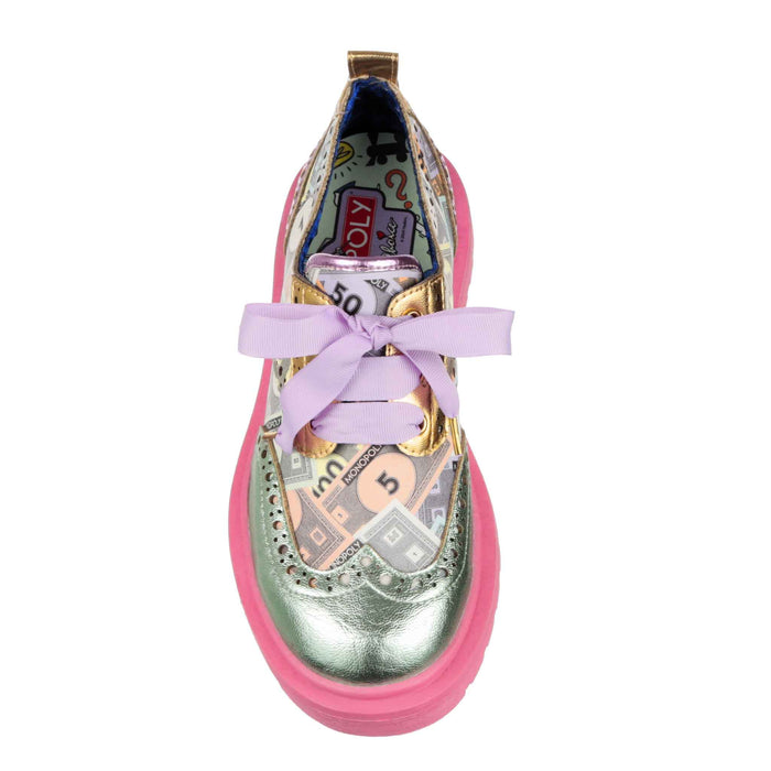 Irregular Choice Irregular Choice X Monopoly | Money Print Pink Pastel Lace Up Smart Brogue Flats | Stroll Around The Board