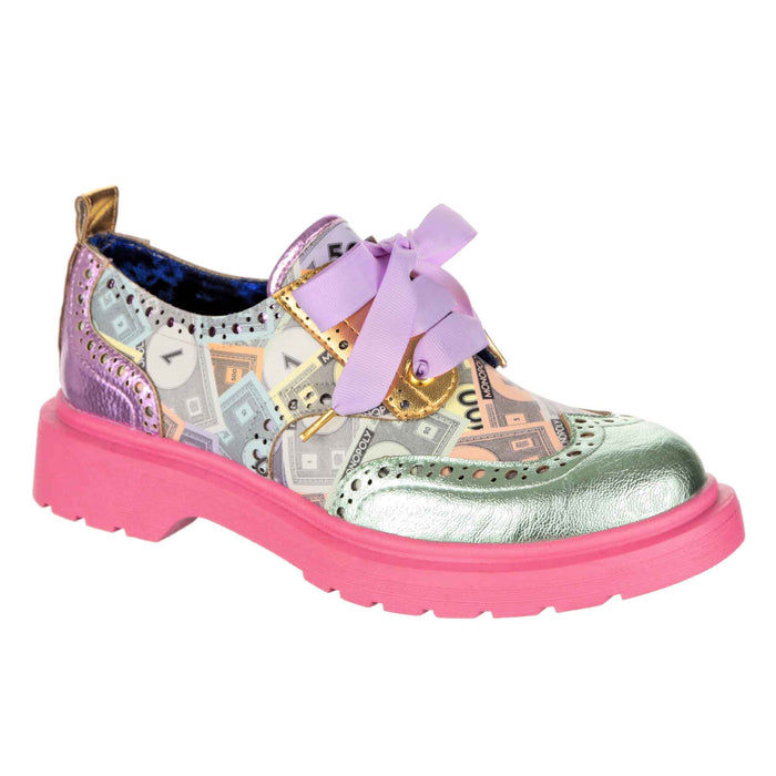 irregular choice Irregular Choice X Monopoly | Money Print Pink Pastel Lace Up Smart Brogue Flats | Stroll Around The Board