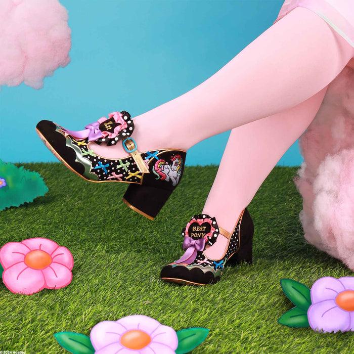 Irregular Choice Irregular Choice X My Little Pony Black Block Mid Heels Rosette T-Bar Buckle Fastening Womens Shoes Best In Show
