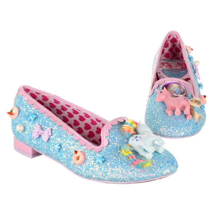 irregular choice Irregular Choice X My Little Pony Blue Glitter Slip On Wide Fit Ballet Flats Dreamy Pastel Unisex Shoes Playful Ponies