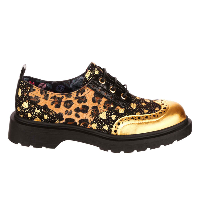 Irregular Choice Leopard Gold Lace Up Brogue Style Shoes | Smart N Spiffy