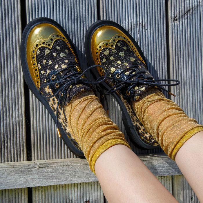 Irregular Choice Leopard Gold Lace Up Brogue Style Shoes | Smart N Spiffy