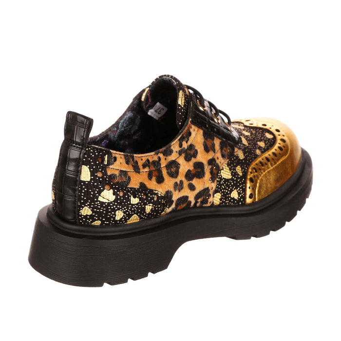 Irregular Choice Leopard Gold Lace Up Brogue Style Shoes | Smart N Spiffy
