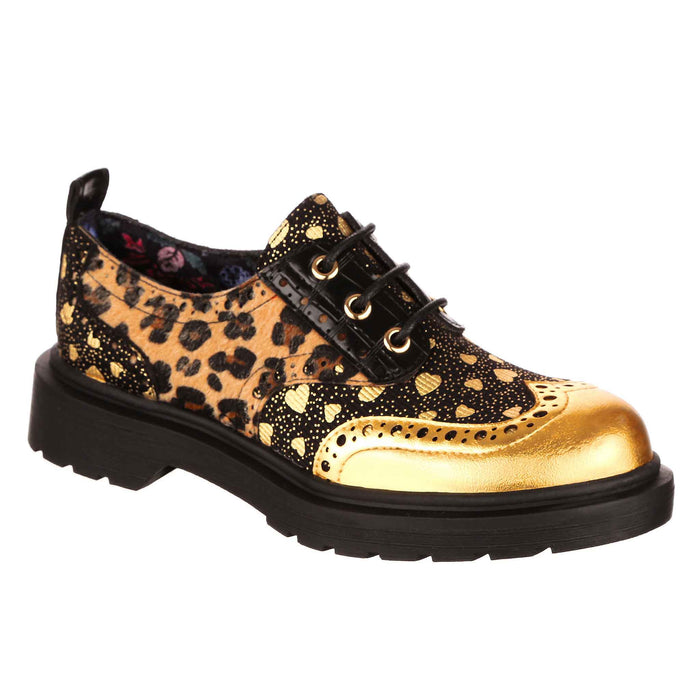 irregular choice Leopard Gold Lace Up Brogue Style Shoes | Smart N Spiffy