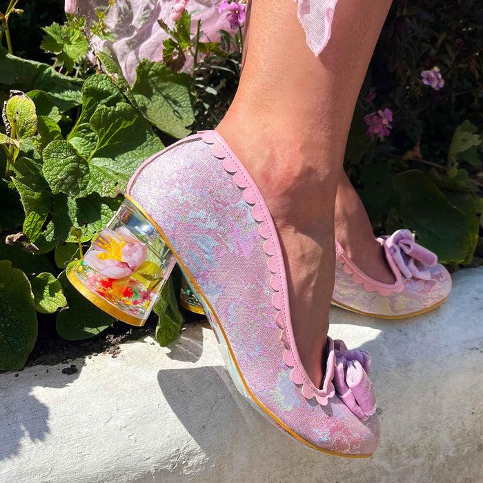 Irregular Choice Lilac Floral Block Heel Resin Art Heels | Frosted Flower
